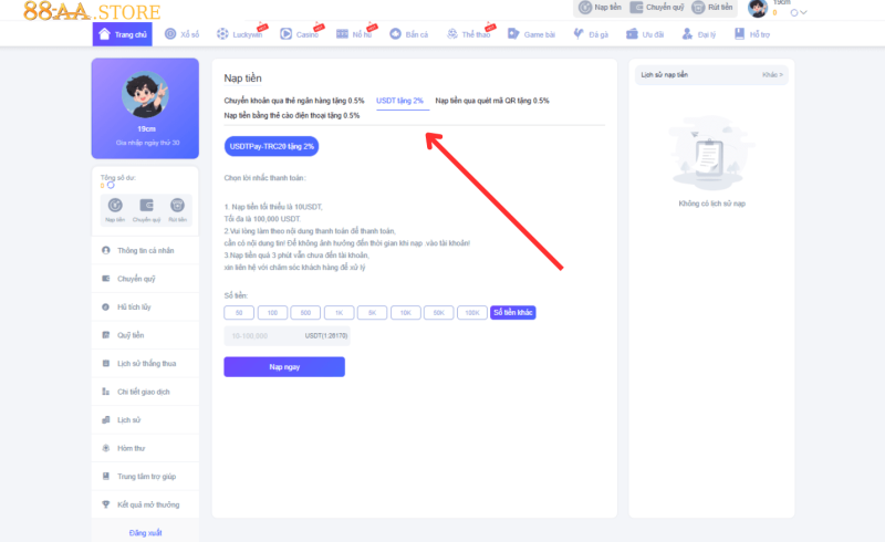 Nạp tiền tài khoản 88aa bằng tiền ảo USDT